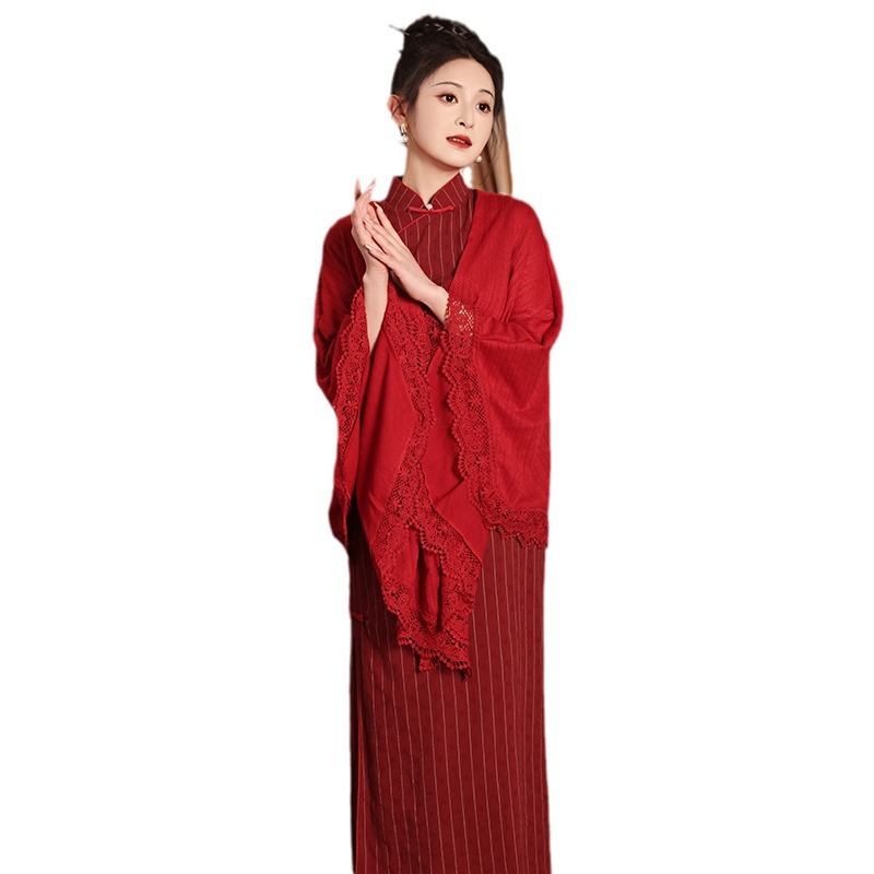 新中式披肩搭配旗袍敬酒服红色开衫国风小外套结婚斗篷针织春秋季 - 图3