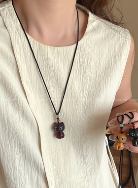 复古木质猫咪吊坠可调节项链女
