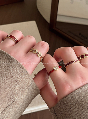 复古安可拉红滴釉戒指女小众设计开口食指戒轻奢时尚百搭指环配饰