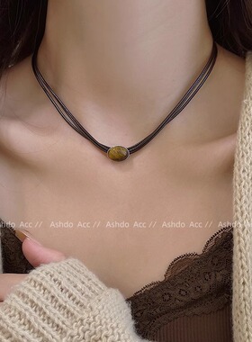 皮革虎眼石项链女复古气质choker轻奢小众颈链叠戴中式锁骨链配饰