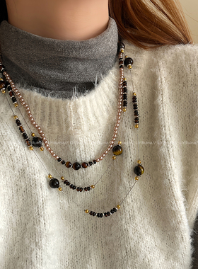 复古轻奢小众虎眼石叠戴项链女