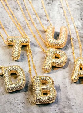 欧美跨境不锈钢18K金镶锆石26个英文气泡字母项链吊坠亚马逊饰品