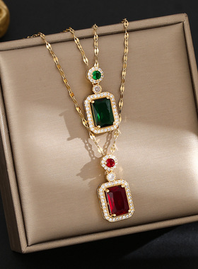 国潮复古钛钢项链女仿祖母绿色玉髓平安扣葫芦轻奢女款锁骨链饰品