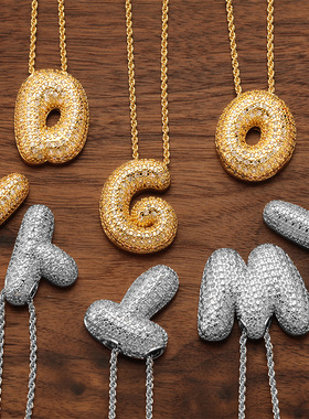 跨境铜镀锆石26英文字母吊坠项链泡泡感气球18K金锁骨链饰品