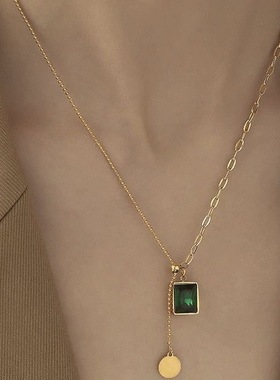 时尚绿色吊坠钛钢项链女轻奢小众设计钛钢女不掉色锁骨链颈链