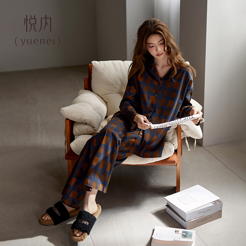 悦内睡衣女款春秋季秋款长袖纯棉家居服春装复古风可外穿格子套装 - 图2