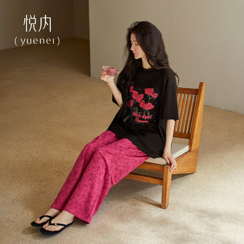 悦内睡衣女士夏季夏天纯棉短袖长裤家居服时尚宽松休闲玫瑰高级感 - 图1