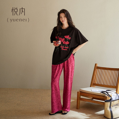 悦内睡衣女士夏季夏天纯棉短袖长裤家居服时尚宽松休闲玫瑰高级感 - 图0