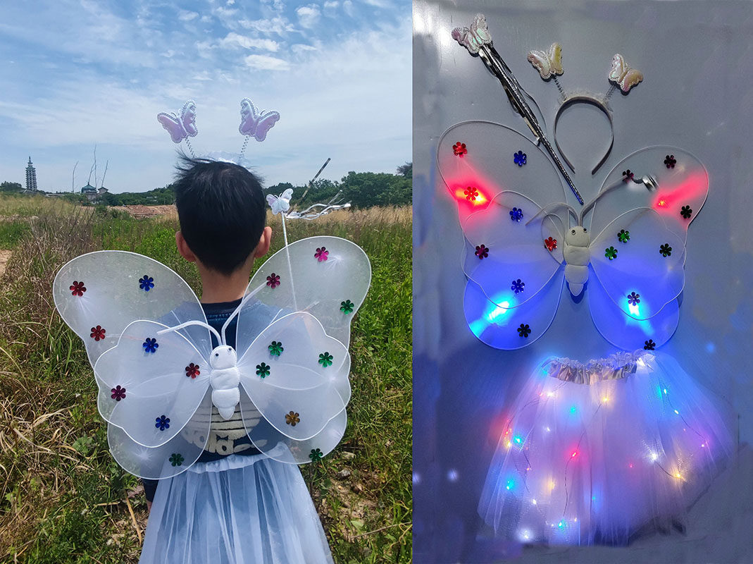 儿童节翅膀发光LDE背饰蝴蝶天使翅膀套装小女孩背带幼儿表演玩具 - 图3