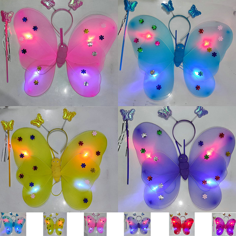 儿童节翅膀发光LDE背饰蝴蝶天使翅膀套装小女孩背带幼儿表演玩具 - 图0