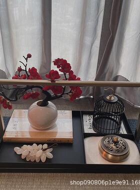 新中式托盘组合摆件狮子莲花柿子花艺茶室茶几软装样板房家居装饰