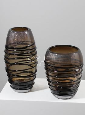 美式简约咖色银箔条纹缠丝琉璃花瓶样板间客厅餐厅桌面软装饰品