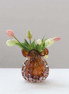 现代重工琥珀色气泡琉璃钱袋子花瓶摆件家居客厅水培样板间软装瓶