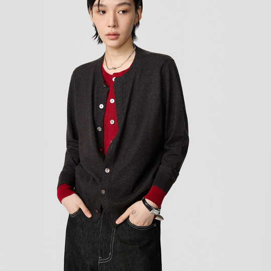 sameuoo散养文化假两件内搭灰色毛衣开衫女秋冬无性别针织衫外套