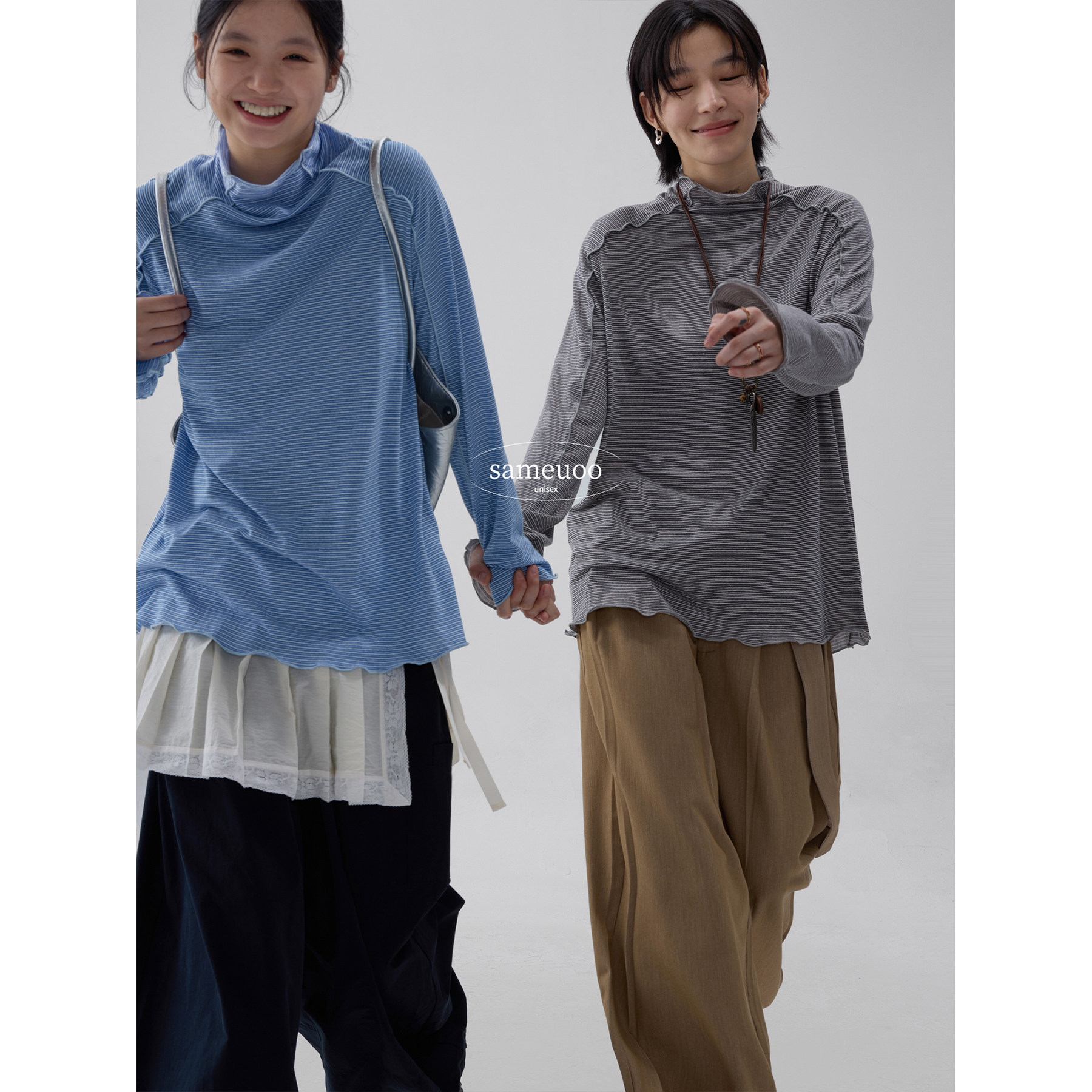 sameuoo散养文化蓝色条纹半高领内搭打底衫秋冬长袖t恤女新款上衣,淘宝优惠券,粉丝福利购,淘宝优惠卷