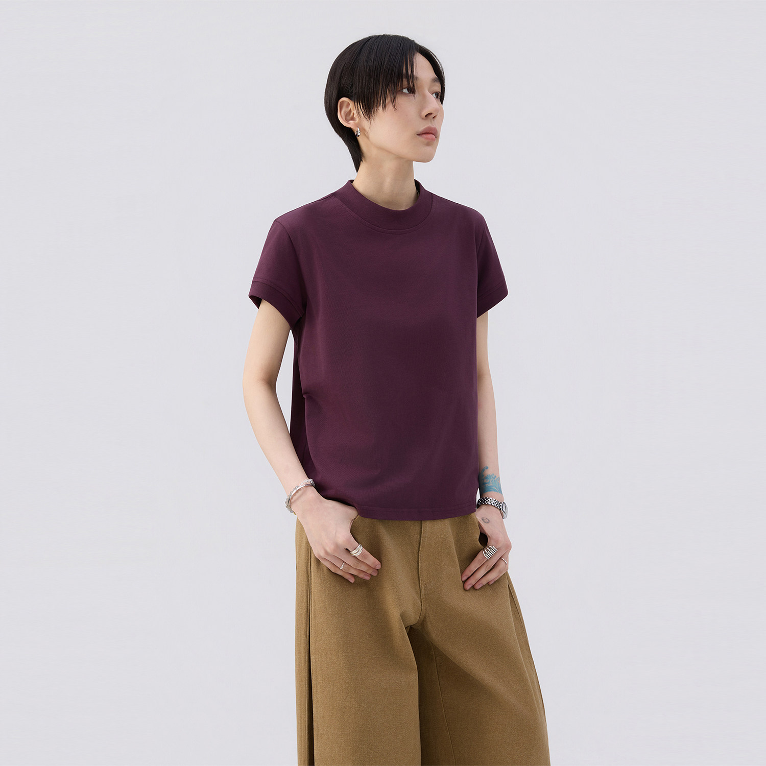 sameuoo散养文化「画布」纯色百搭正肩短袖t恤女夏短款半高领上衣
