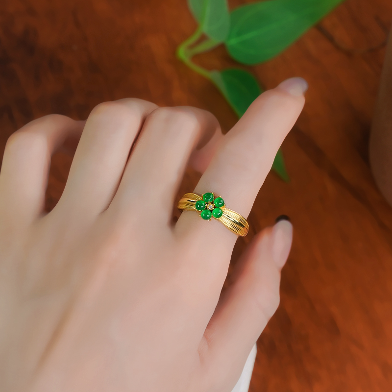 Silver inlaid natural jadeite ring A grade exquisite brushed full green jadeite small egg face plum blossom ring