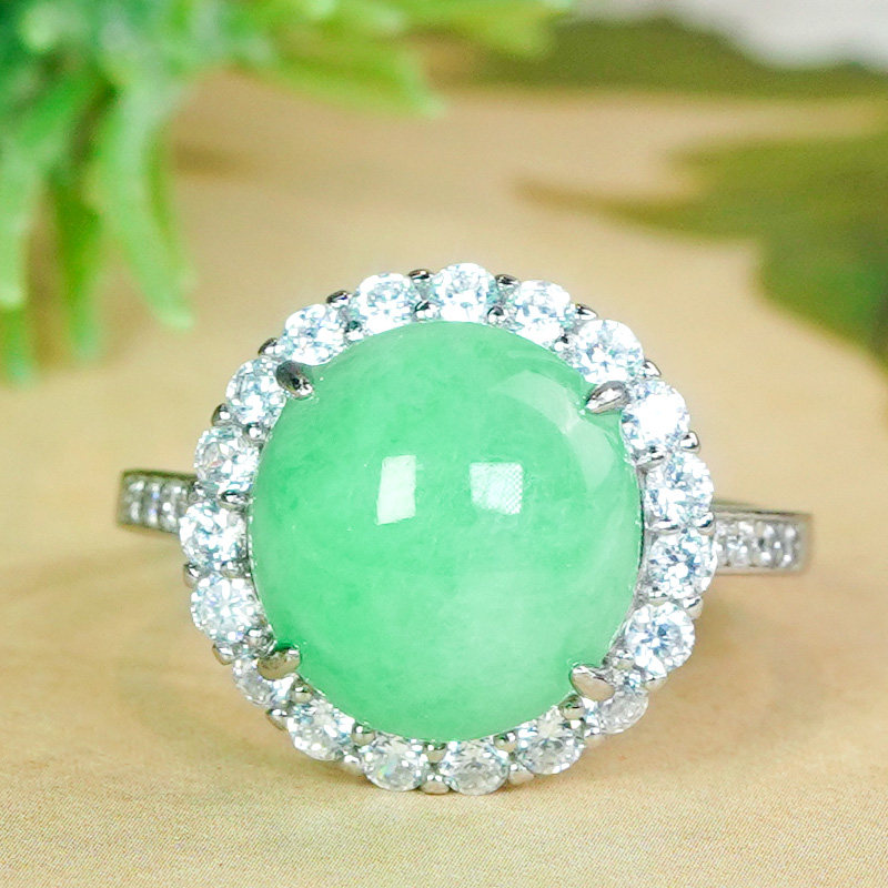 Silver inlaid natural Burmese jade ring A-grade fashionable and full of green sun green jade egg-faced open ring