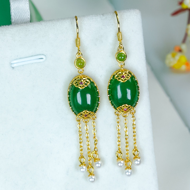 天然和田玉银镶精致镂空设计感碧玉菠菜绿流苏蛋面耳环耳坠耳钩,淘宝优惠券,粉丝福利购,淘宝优惠卷