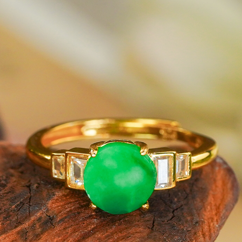 Natural Burmese material A grade jadeite ring, silver inlaid, fashionable light luxury full green jadeite green round brand living ring for women