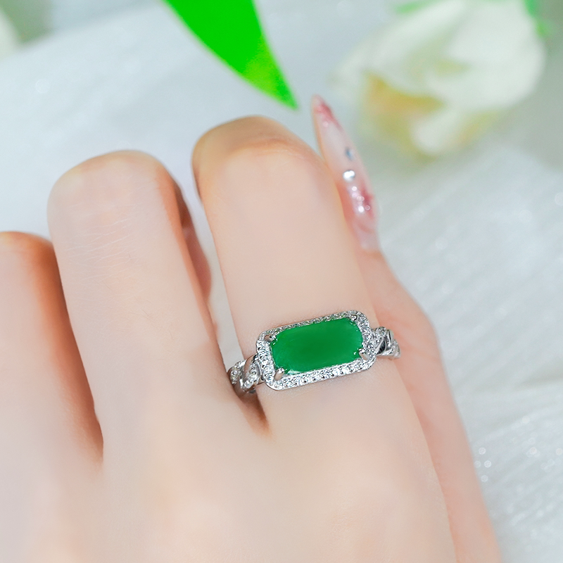 Natural jade A grade silver inlaid fashionable hollow braid design full green jade Wushi brand ring