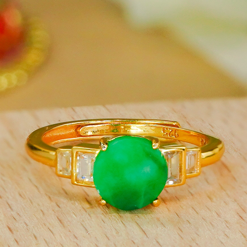 Natural Burmese material A grade jadeite ring, silver inlaid, fashionable light luxury full green jadeite green round brand living ring for women