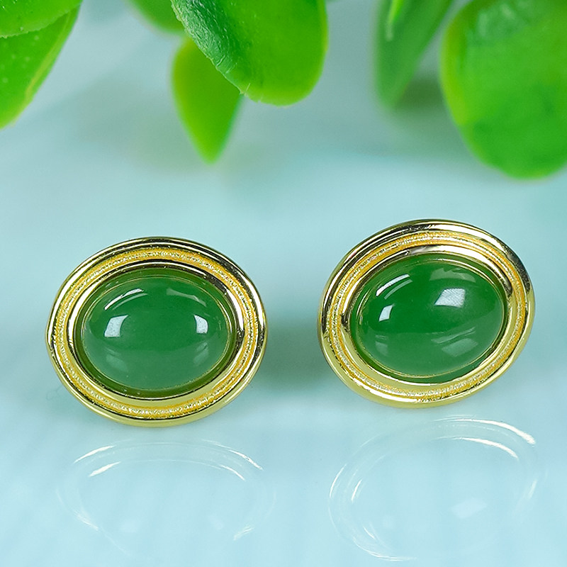 洛丽亚时尚简约椭圆状银镶嵌天然和田玉碧玉菠菜绿蛋面耳钉,淘宝优惠券,粉丝福利购,淘宝优惠卷