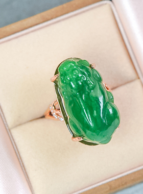 天然和田玉银镶嵌时尚百搭碧玉菠菜绿貔貅戒指