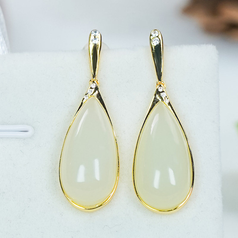 和田玉耳环银镶嵌时尚天然和田玉简约百搭白玉水滴蛋面耳钉耳扣,淘宝优惠券,粉丝福利购,淘宝优惠卷