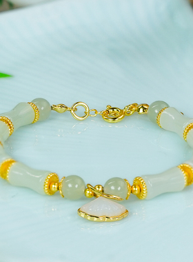 节节高升-天然和田玉银镶嵌时尚百搭银杏叶白玉圆珠竹节手链手串