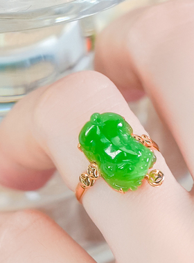 新年送礼18K金镶气质百搭简约天然和田玉碧玉貔貅戒指（玫瑰金）