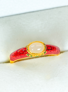 洛丽亚时尚简约红色珐琅工艺银镶嵌天然和田玉白玉蛋面戒指