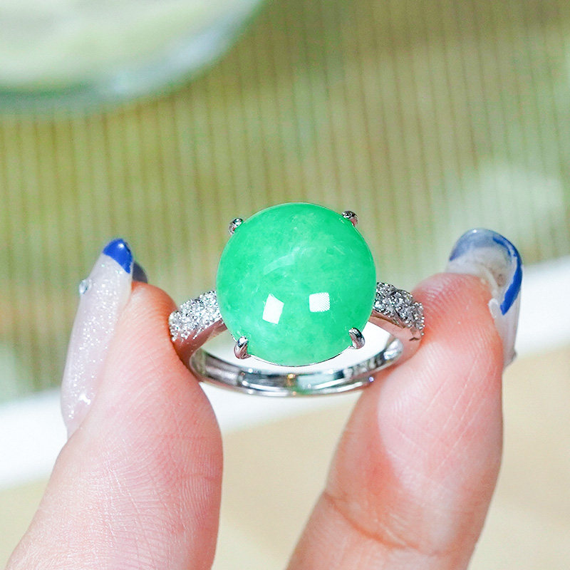Silver inlaid natural Burmese jadeite ring A-grade fashionable and simple full green sun green oval egg face open ring