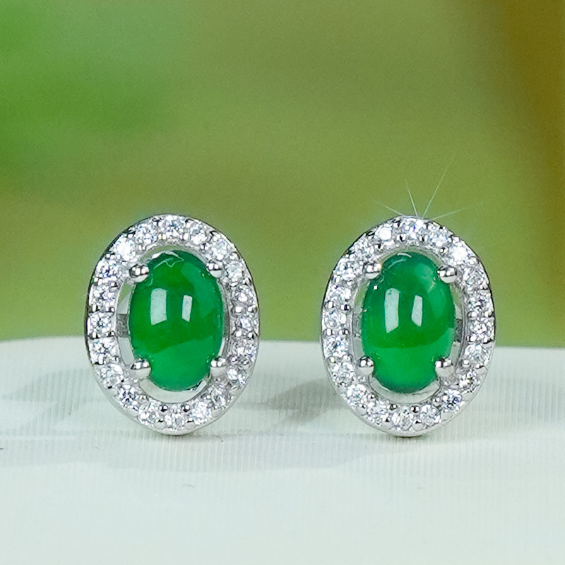 天然翡翠a货银镶嵌气质优雅轻奢简镶椭圆蛋面耳钉情人节礼物,淘宝优惠券,粉丝福利购,淘宝优惠卷