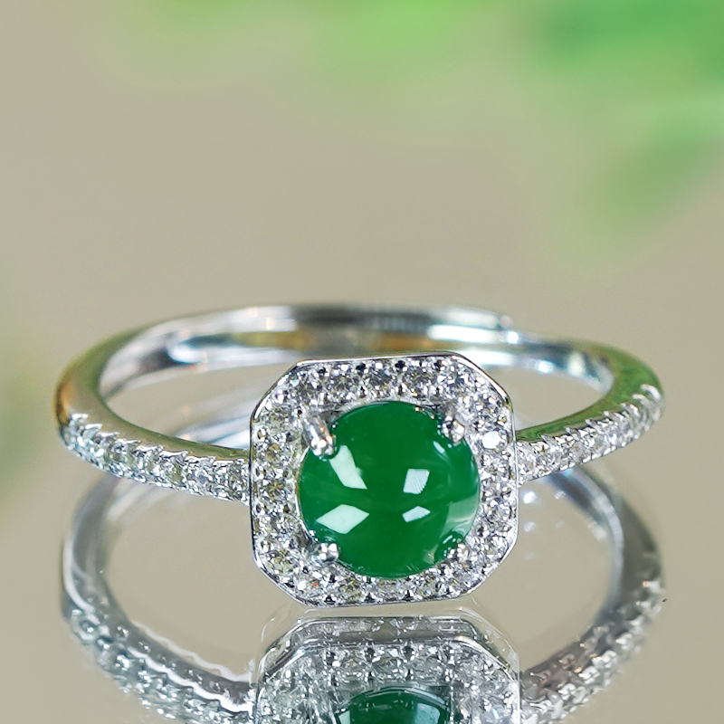 Valentine's Day gift silver inlaid natural jade a-grade fashionable full green cabochon jade small sugar cube jade ring