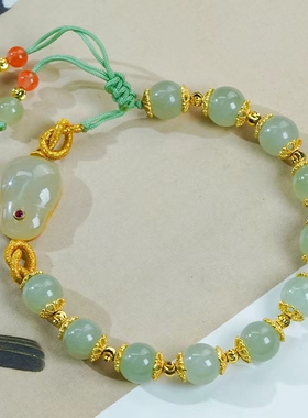 天然和田玉手串新中式国风手工编绳晴水色圆珠兔子手绳