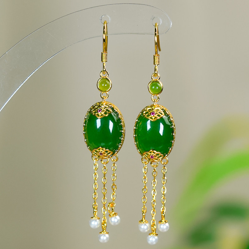 天然和田玉银镶精致镂空设计感碧玉菠菜绿流苏蛋面耳环耳坠耳钩,淘宝优惠券,粉丝福利购,淘宝优惠卷