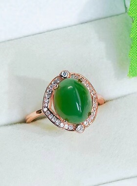 洛丽亚天然和田玉银镶嵌时尚简镶高级感玉石碧玉菠菜绿马眼戒指