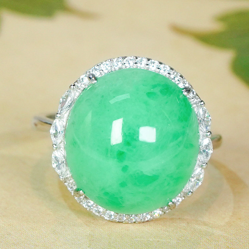 Mid-Autumn Festival gift silver inlaid natural Burmese jade ring Jade A cargo full of green sun green egg face open ring