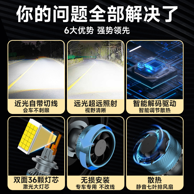 十铜管36颗灯珠超亮led汽车大灯H7改装9005远近一体H4聚光24V货车,淘宝优惠券,粉丝福利购,淘宝优惠卷