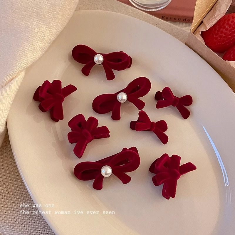 新年红色丝绒珍珠蝴蝶结刘海发夹女感侧马尾编发夹子圣诞头饰,淘宝优惠券,粉丝福利购,淘宝优惠卷