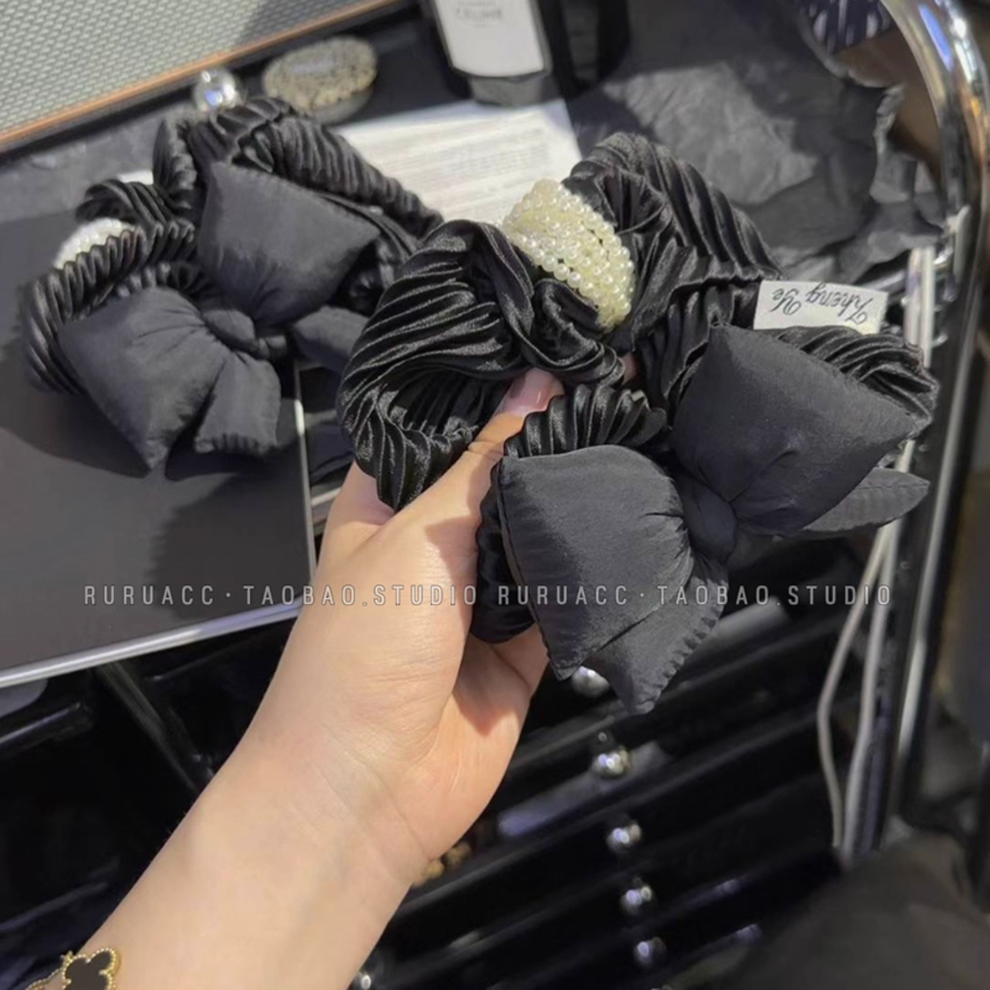 风琴褶黑色充绵立体蝴蝶结大肠发圈高级感发绳女丸子头扎头发头绳 - 图1