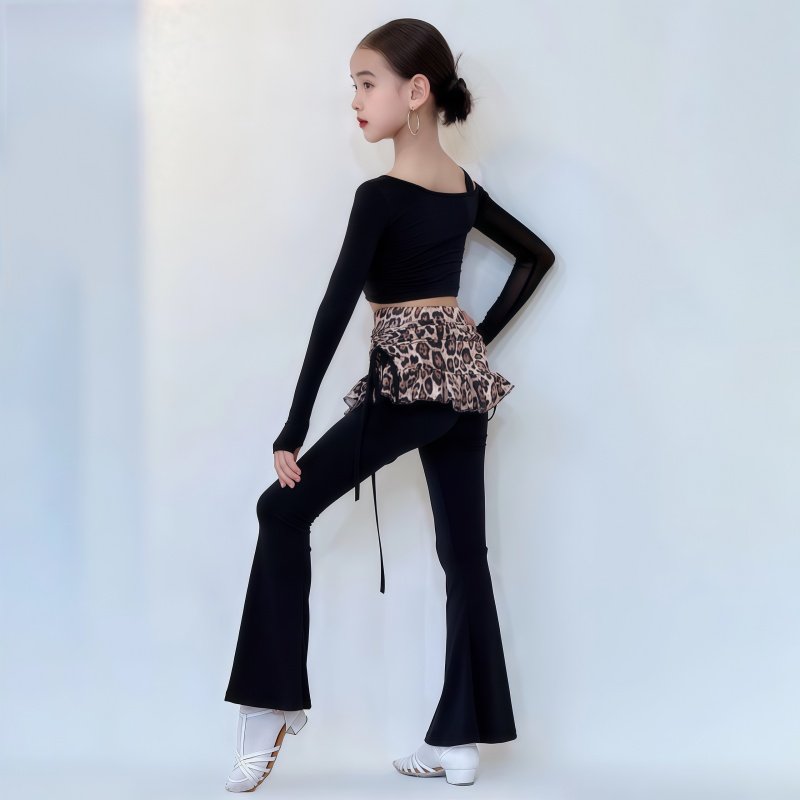 2026冬季新款女童拉丁舞服练习服露肩花朵长袖上衣豹纹喇叭长裤,淘宝优惠券,粉丝福利购,淘宝优惠卷
