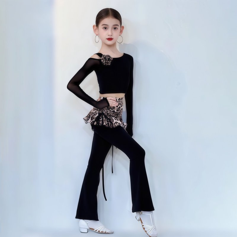 2026冬季新款女童拉丁舞服练习服露肩花朵长袖上衣豹纹喇叭长裤,淘宝优惠券,粉丝福利购,淘宝优惠卷
