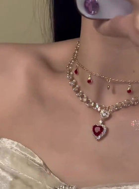 赤红之心红色锆石爱心珍珠双层叠戴项链女轻奢高级感锁骨链项饰
