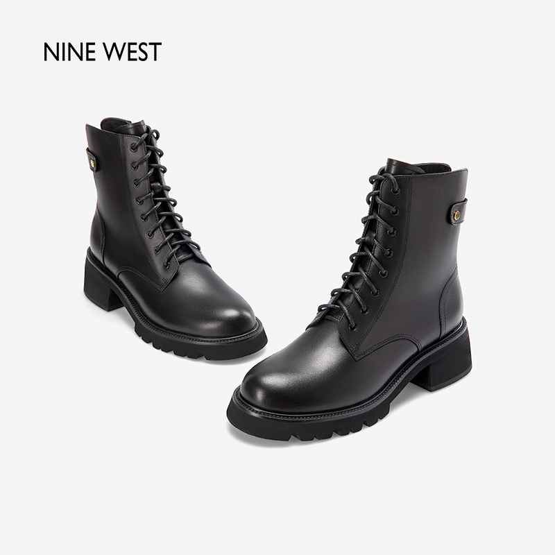 Nine West/玖熙甜酷马丁靴女2023年秋冬新款牛皮短靴时髦炸街靴子