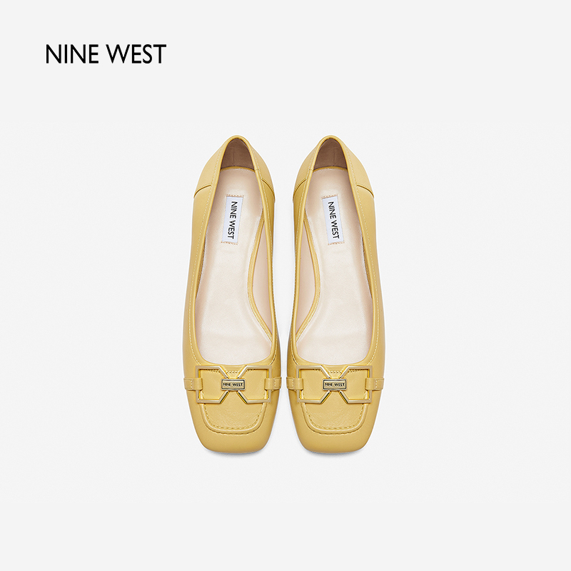 Nine West/玖熙2024年春夏新款单鞋女方头金扣羊皮低跟通勤女鞋 - 图3