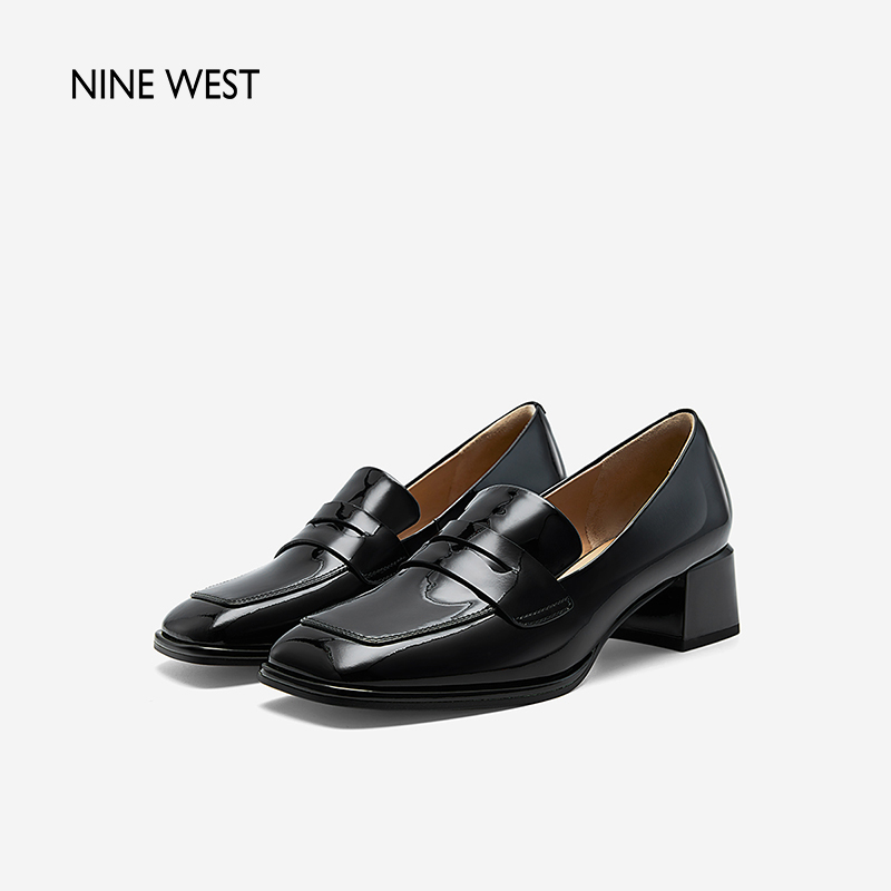 Nine West/玖熙2024年春季新款深口单鞋女中跟方头牛漆皮粗跟女鞋