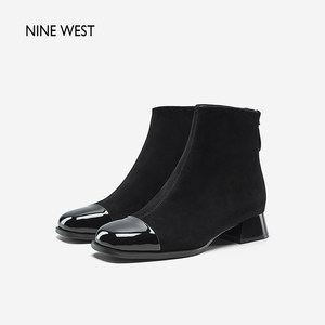 Nine West/玖熙2023年冬季新款低跟短靴女方头绒面通勤时装靴子