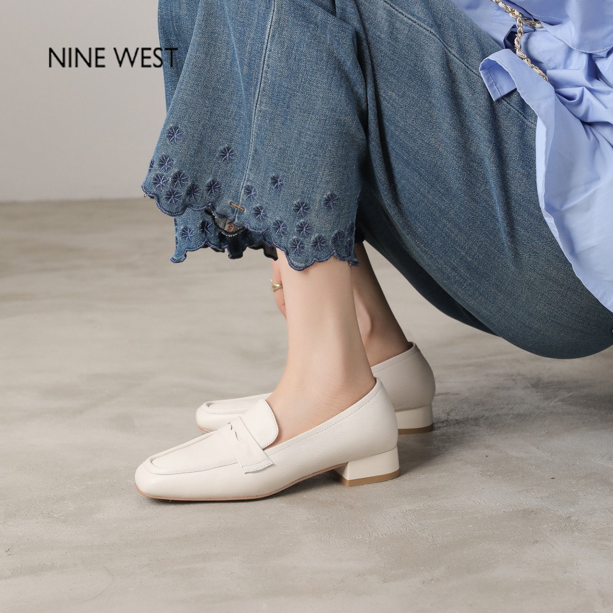 奥莱专供Nine West/玖熙复古风真皮乐福鞋女粗跟懒人豆豆鞋小皮鞋,淘宝优惠券,粉丝福利购,淘宝优惠卷